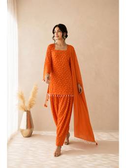 DEASHA INDIA - Women's Orange Cotton Solid Kurta with Farshi Pant & Dupatta