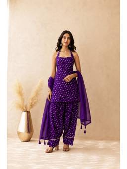DEASHA INDIA - Women's Purple Cotton Solid Kurta with Farshi Pant & Dupatta