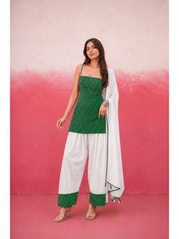 DEASHA INDIA - Women's Green Georgette Solid Kurti with Farshi Pant & Dupatta