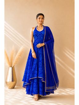 DEASHA INDIA - Women's Blue Chiffon Printed Anarkali with Pant & Dupatta