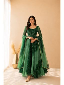 DEASHA INDIA - Women's Green Chiffon Printed Anarkali with Pant & Dupatta