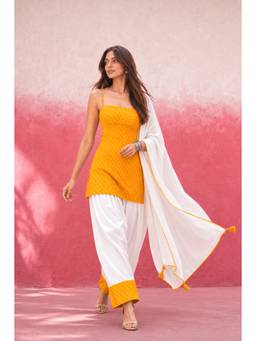 DEASHA INDIA - Women's Yellow Georgette Solid Kurti with Farshi Pant & Dupatta