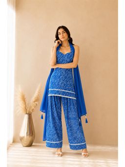 DEASHA INDIA - Women's Blue Cotton Solid Kurta with Farshi Pant & Dupatta