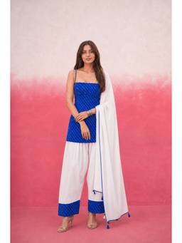 DEASHA INDIA - Women's Blue Georgette Solid Kurti with Farshi Pant & Dupatta