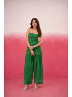 DEASHA INDIA - Women's Green Georgette Solid Kurti and Farshi Pant