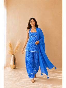DEASHA INDIA - Women's Blue Cotton Solid Kurta with Farshi Pant & Dupatta
