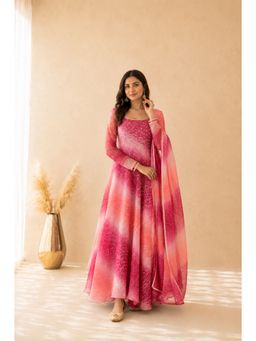 DEASHA INDIA - Women's Pink Chiffon Printed Anarkali with Pant & Dupatta