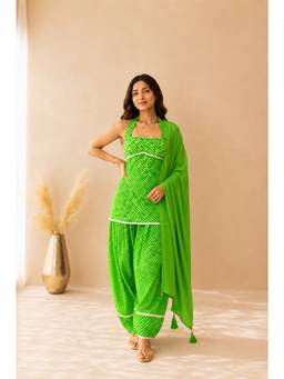 DEASHA INDIA - Women's Green Cotton Solid Kurta with Farshi Pant & Dupatta
