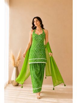 DEASHA INDIA - Women's Green Cotton Solid Kurta with Farshi Pant & Dupatta