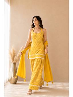 DEASHA INDIA - Women's Yellow Cotton Solid Kurta with Farshi Pant & Dupatta