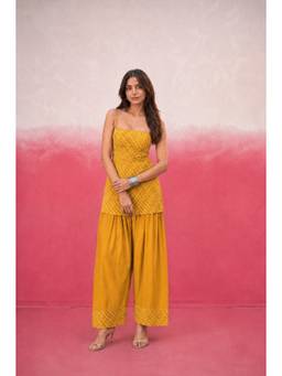 DEASHA INDIA - Women's Yellow Georgette Solid Kurti and Farshi Pant