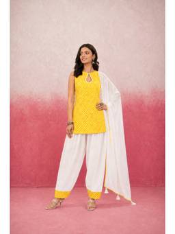 DEASHA INDIA - Women's Yellow Kota Solid Kurti with Farshi Pant & Dupatta