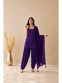 DEASHA INDIA - Women's Purple Cotton Solid Kurti with Farshi Pant & Dupatta