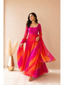 DEASHA INDIA - Women's Orange Chiffon Printed Anarkali with Pant & Dupatta