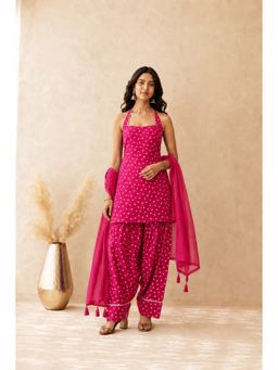 DEASHA INDIA - Women's Pink Cotton Solid Kurti with Farshi Pant & Dupatta