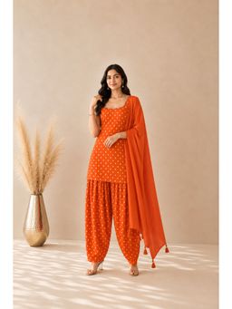 DEASHA INDIA - Women's Orange Cotton Solid Kurti with Farshi Pant & Dupatta