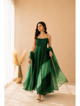 DEASHA INDIA - Women's Green Chiffon Printed Anarkali with Pant & Dupatta