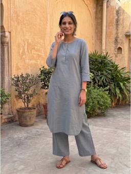 Gharana India - Aira Steel Blue Cotton Sub Kurta Set with Contrast Accents