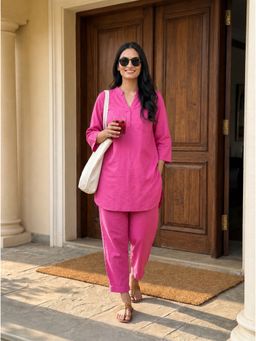 Gharana India - Women's Pink Cotton Solid Kurta and Pant