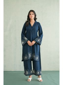 Masoomm - Women's Navy Blue Shanton Embroidered Kurta and Pant