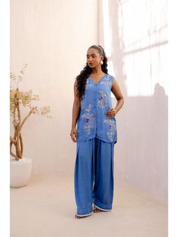 Khushboo & Pankaj - Women's Blue Silk Embroidered Kurta and Pant