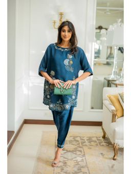 Khushboo & Pankaj - Women's Blue Cotton Embroidered Kurta and Pant