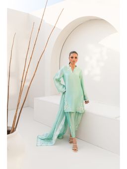 Khushboo & Pankaj - Women's Blue Silk Embroidered Kurta with Pant & Dupatta