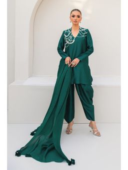 Khushboo & Pankaj - Women's Green Cotton Embroidered Kurta with Dhoti & Dupatta