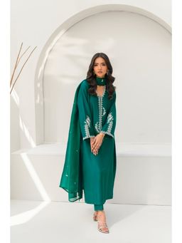 Khushboo & Pankaj - Women's Green Silk Embroidered Kurta with Pant & Dupatta