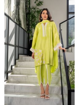 Khushboo & Pankaj - Women's Green Silk Embroidered Kurta with Dhoti & Dupatta
