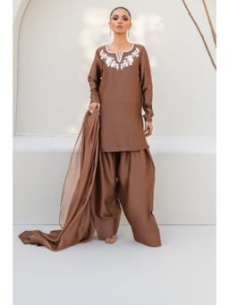 Khushboo & Pankaj - Women's Brown Silk Embroidered Kurta with Farshi Pant & Dupatta