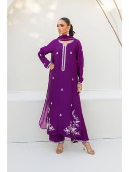 Khushboo & Pankaj - Women's Purple Silk Embroidered Kurta with Pant & Dupatta