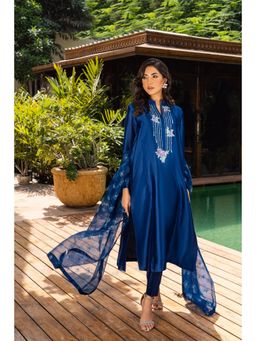 Khushboo & Pankaj - Women's Blue Silk Embroidered Kurta with Pant & Dupatta