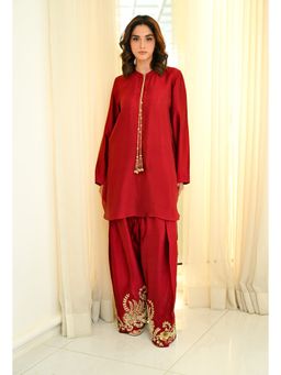 Khushboo & Pankaj - Women's Red Silk Embroidered Kurta and Farshi Pant
