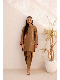Khushboo & Pankaj - Women's Brown Silk Embroidered Kurta and Dhoti