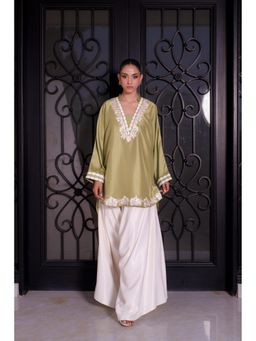 Khushboo & Pankaj - Women's Green Cotton Embroidered Kurta and Farshi Pant