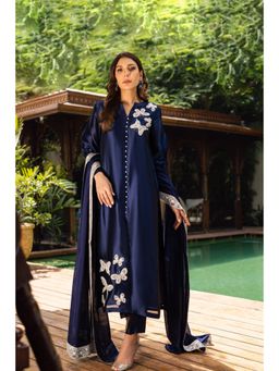 Khushboo & Pankaj - Women's Blue Silk Embroidered Kurta with Pant & Dupatta