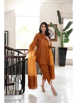 Khushboo & Pankaj - Women's Brown Cotton Silk Embroidered Kurta with Dhoti & Dupatta