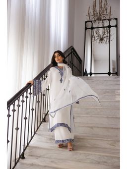 Khushboo & Pankaj - Women's White Georgette Embroidered Kurta with Pant & Dupatta