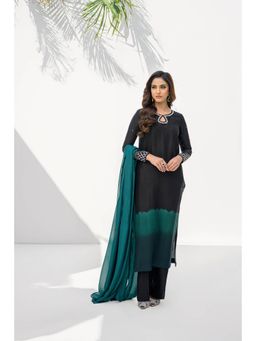 Khushboo & Pankaj - Women's Black Cotton Silk Embroidered Kurta with Pant & Dupatta