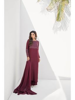 Khushboo & Pankaj - Women's Maroon Cotton Silk Embroidered Kurta with Pant & Dupatta