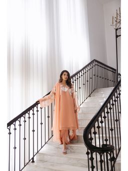 Khushboo & Pankaj - Women's Peach Organza Embroidered Kurta with Pant & Dupatta