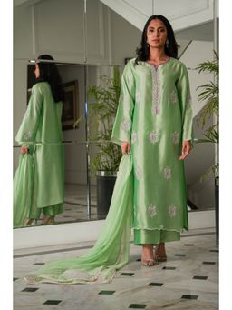 Khushboo & Pankaj - Women's Green Silk Solid Kurta with Pant & Dupatta