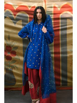 Khushboo & Pankaj - Women's Blue Silk Embroidered Kurta with Salwar & Dupatta