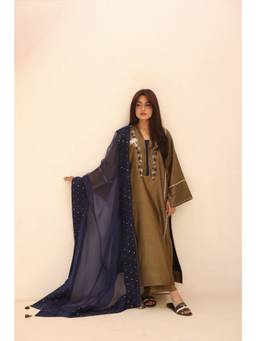 Khushboo & Pankaj - Women's Green Cotton Embroidered Kurta with Pant & Dupatta