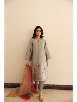 Khushboo & Pankaj - Women's Grey Cotton Embroidered Kurta with Pant & Dupatta
