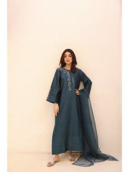 Khushboo & Pankaj - Women's Blue Cotton Solid Kurta with Pant & Dupatta