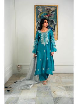 Khushboo & Pankaj - Women's Blue Cotton Embroidered Kurta with Pant & Dupatta