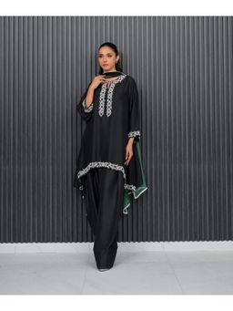 Khushboo & Pankaj - Women's Black Silk Embroidered Kurta with Farshi Pant & Dupatta