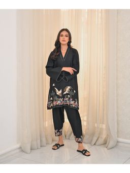 Khushboo & Pankaj - Women's Black Silk Embroidered Kurta and Pant